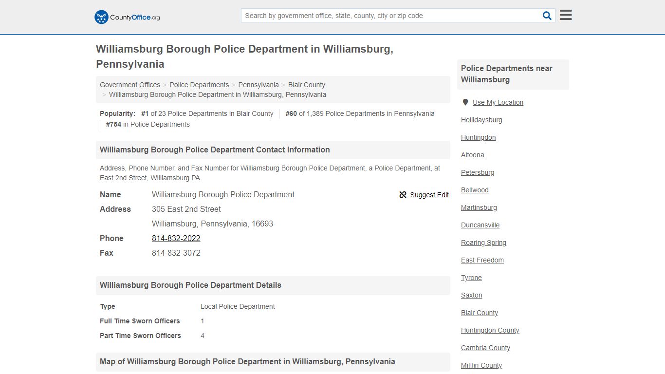 Williamsburg Borough Police Department - Williamsburg, PA (Address ...